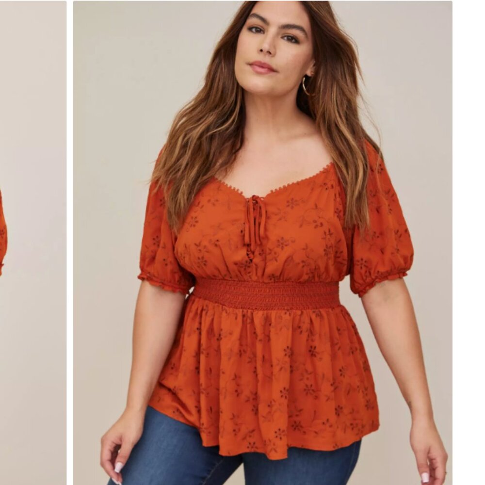 Torrid Milkmaid Georgette Eyelet Smocked Waist Puff Sleeve Top 2X Dark Cottage